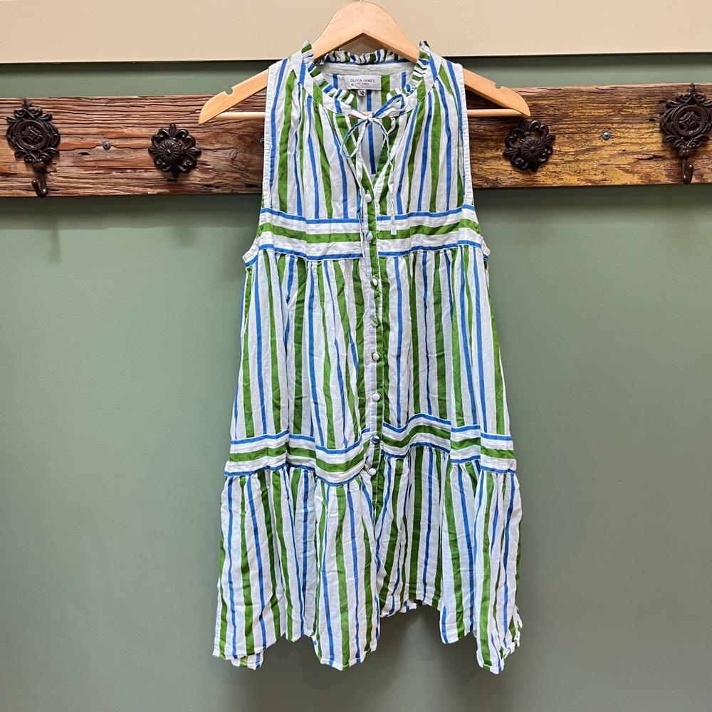 Olivia James The Label‎ Green Blue Striped Ruffle Tie Neck Tiered Cotton Dress M